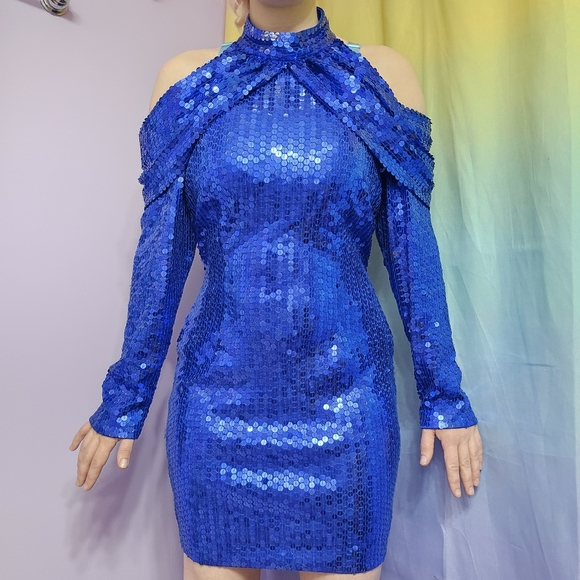 Blue Sequin 90's Vintage Off Shoulder Long Sleeve Mini Dress - Picture 3 of 11